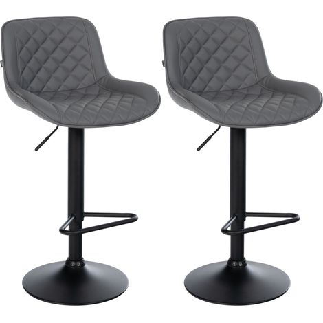Juego de 2 taburetes de bar con reposapiés altura regulable en piel sintética gris oscuro con costuras de rombos y estructura de metal negro 100006317