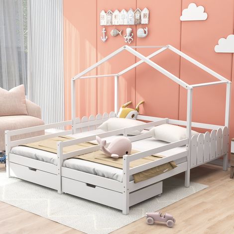 Cama doble infantil con cajones y barandillas blanca OKMYHOME (1/5)