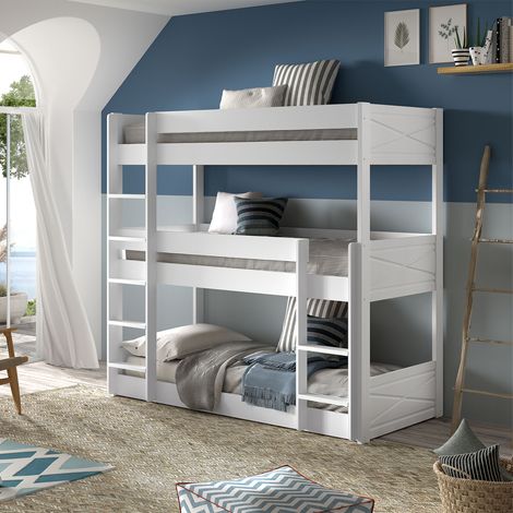 M&S – Lit superposé 3 personnes Scott – Dimensions 270x105x200 cm – Couleur blanche – Design compact pour chambre d'enfant