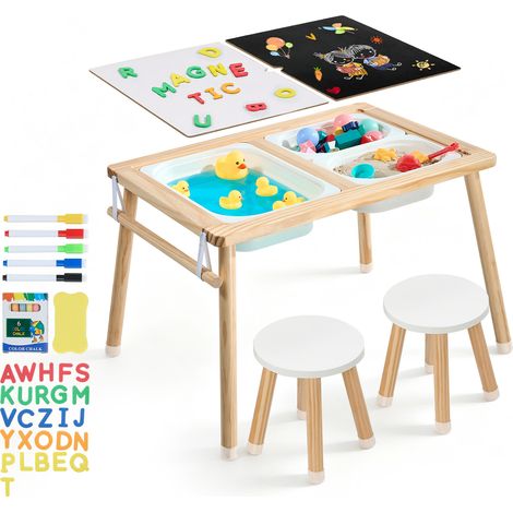 VEVOR Mesa Sensorial Infantil, Mesa de Madera de Actividades para Niños, con 2 Taburetes Tablero de Doble Cara y Cajas de Almacenamiento, Patas Antideslizantes, Multifuncional para Juegos Exploración (1/5)