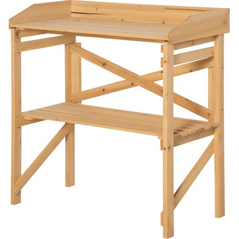 Table de jardinage avec étagère, table à fleurs, table de jardin, bois, marron clair, 80 x 40 x 84 cm