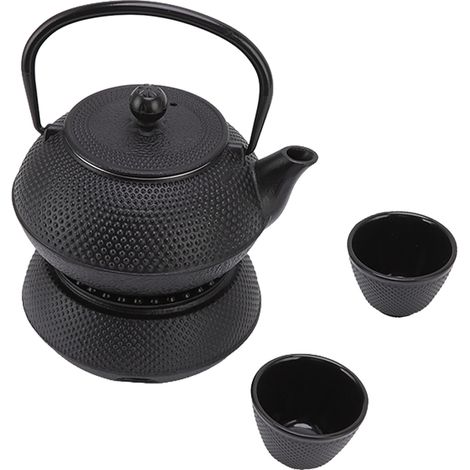 Théière en fonte brute 800ml pour usage domestique, ensemble cadeau avec 2 tasses et réchaud multi-trous, sans revêtement, gravée, idéale pour infusion. (1/5)