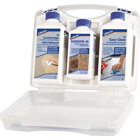 Kit d’entretien pour plans de travail en pierre naturelle – 3 pièces : Lithofin MN nettoyant 500 ml, Fleckstop 250 ml, Easy-Clean 500 ml