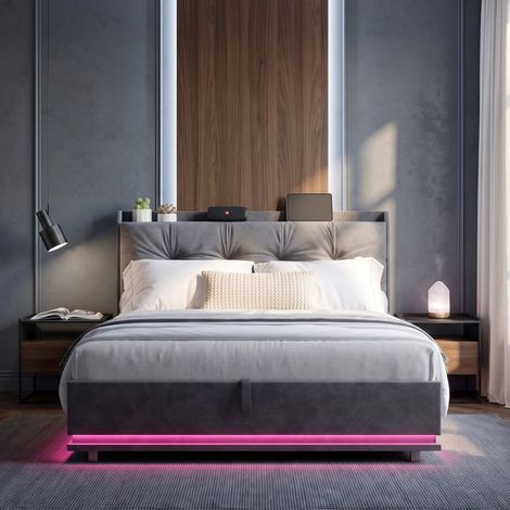 Letto matrimoniale 160x200 - Letto contenitore 160x200 - Rete a doghe - LED multicolore - Porte USB/Type-C (1/5)