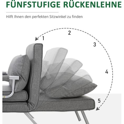 Canapé-lit 3 en 1 convertible, siège pliable avec accoudoir et coussin ajustables, lit de repos aspect lin, chaise lounge pour séjour et chambre, 65x69x80 cm, gris clair