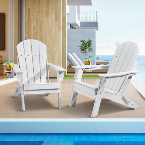 Chaise Adirondack en Plastique, Lot de 2, Fauteuil de Jardin Pliant Portable, Charge 181,4 kg, avec Porte-Gobelet, Accoudoir Relaxant, pour Toutes Saisons, Extérieur, Patio, Arrière-Cour, Blanc (1/5)