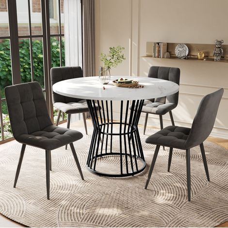 FLORAGRACE Ensemble table à manger 5 pièces ronde 100 cm, plateau MDF blanc, pieds métal noirs, 4 chaises en velours gris (1/5)