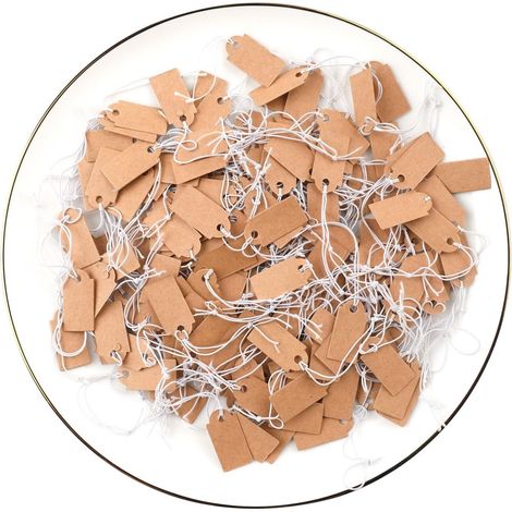 200 etiquetas de precio mini Kraft de 26 x 12 mm con hilo elástico para exhibición de ropa y joyas en Navidad (marrón) (1/5)