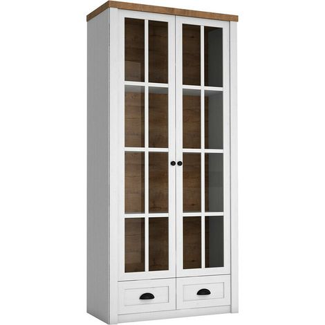 Estantería Ferdore 146, Roble de lefkada + Pino Anderson, Cerrable, Con cajones, Con puertas, Aglomerado laminado, Vidrio, MDF, Número de puertas: 2, Número de cajones: 2, 198x90x43cm, LED (1/3)
