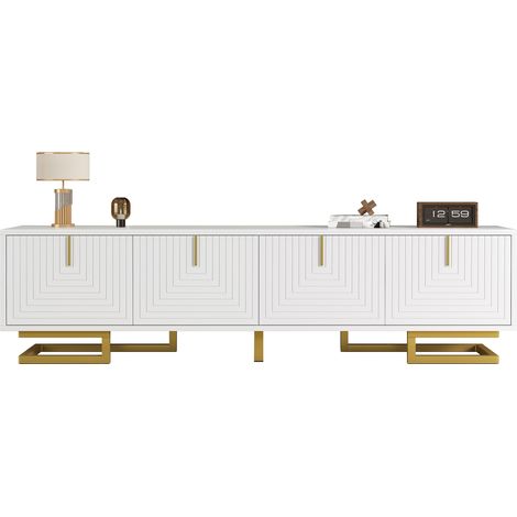 Mueble de TV con 4 Puertas y Estantes Interiores, Bisagras Amortiguadas, Patas Regulables, Estilo Moderno, 160×38×44,5 cm, Blanco (1/5)