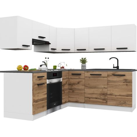 Belini ITALIA 6 Cuisine Equipée Modulaire Complète - 360 cm. Meubles Hauts Bas avec Plan de Travail, Blanc Mat/Brun Doré