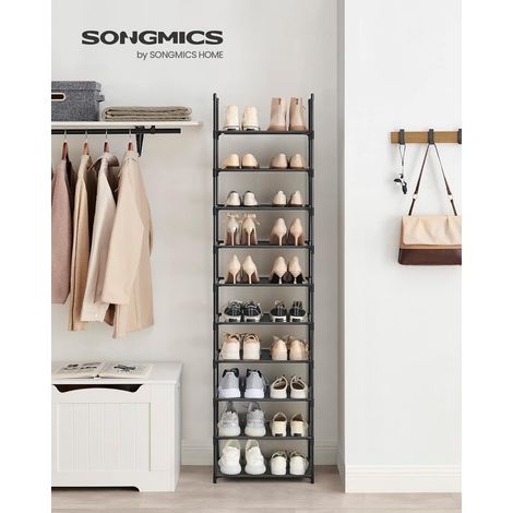SONGMICS Scarpiera a 10 Ripiani, Scaffale Portascarpe, Organizzatore per Scarpe, 28 x 45 x 173 cm, Telaio in Metallo, Ripiani in Tessuto Non Tessuto, Corridoio, Camera da Letto, Nero (1/5)