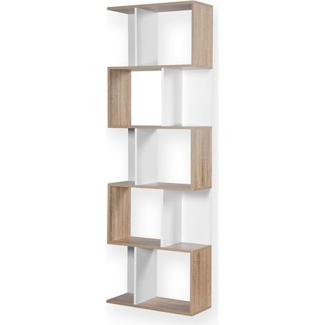 Calicosy – Bibliothèque multi-cases H180 cm – Décor bois et blanc – Structure en panneaux de particules – 6 étagères ajustables (1/5)