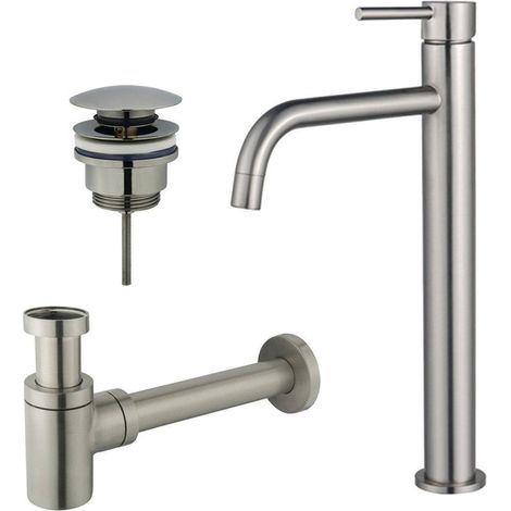 Fortifura Calvi Slim Kit mitigeur lavabo - robinet rehaussé - bonde clic clac - siphon design bas - PVD Inox brossé (1/2)