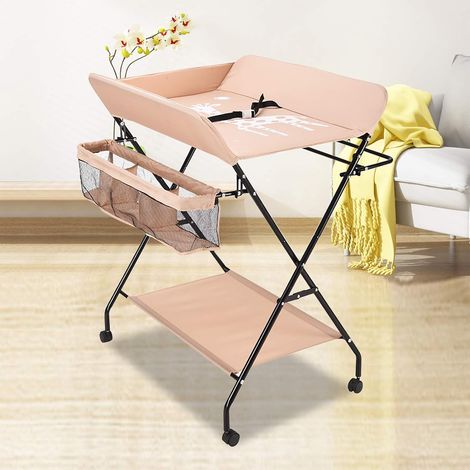 Matelas à langer portable pliable avec ceinture de sécurité et compartiments, pour enfants jusqu'à 12 mois, table à langer avec roues, kaki (1/5)