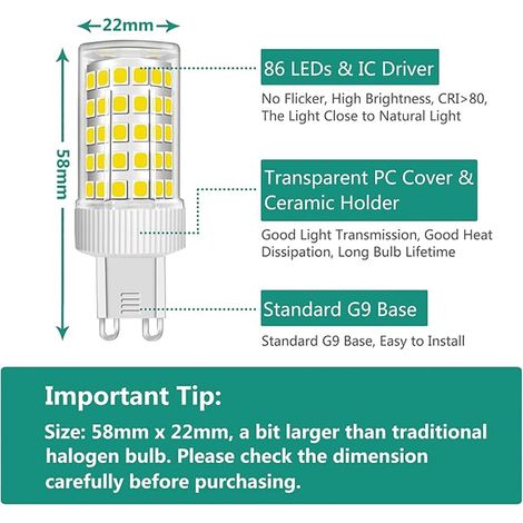 G9 LED Bulbs 10W Equivalent Halogen Bulbs 80W, 800Lm, 86-LED, Cool White 6000K, Flicker-Free, Not Dimmable, AC 220-240V, Φ22 x 58 mm (1/3)