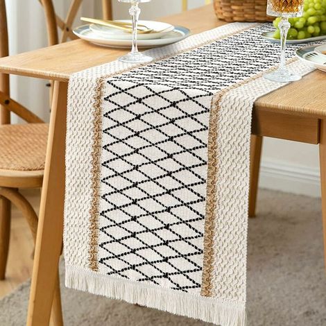 Cream beige macrame table runner with pom poms, handwoven cotton and burlap, rustic dining table runner (1/5)