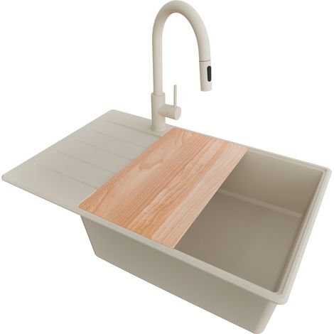 PRIMAGRAN Evier Cuisine en Granit 78x50cm, Lavabo 1 bac + Robinet 40x20cm + Kit de Vidage + Accessoire, Évier à Encastrer au meuble 60cm - Copenhague, Beige (1/5)