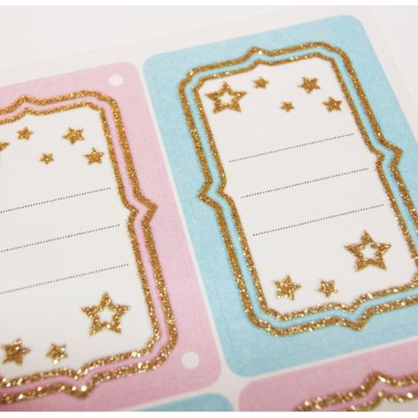 16 étiquettes adhésives scolaires - Rectangle - Rose et bleu - Paillettes et étoiles (1/2)