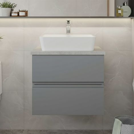 Hudson Reed Urban Wall Hung 2-Drawer Vanity Unit with Bellato Grey Worktop 600mm Wide - Satin Grey (1/5)
