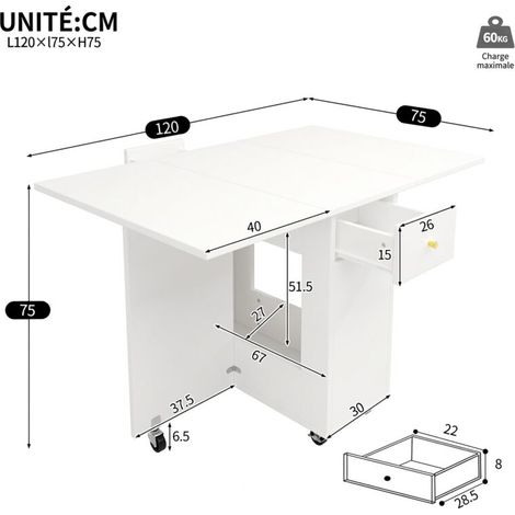 Table de cuisine pliante 120x75x75 cm avec roulettes verrouillables, îlot mobile avec rangement, 2 tiroirs, pour 2-4 personnes, blanc (1/5)