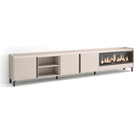 Skraut Home - Meuble TV, Banc Télé, Grand espace de Rangement, 315x35x61cm, Pour les TV jusqu'à 80", Cheminée électrique XXL, Design industriel, Style moderne, Beige (1/5)