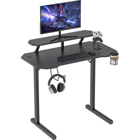 Scrivania per computer Haloyo®, tavolo da gioco, con rivestimento in carbonio, gancio per cuffie, portabicchieri, poggiapiedi, 100x55x74cm, nero (1/5)
