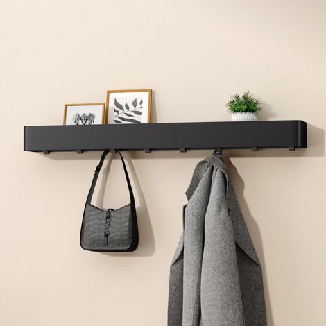 doporro Mensola con Attaccapanni da Parete Nascosti, Mensola in Metallo Rimovibile con Ganci per Ingresso, Camera da Letto, Bagno e Soggiorno, 80cm, Nero Sabbia, Reglo-05 (1/5)