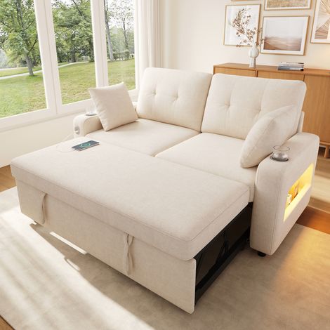 Canapé-lit convertible 2 places en chenille avec LED, USB-C, porte-gobelets, rangement intégré, coussins et dossier réglable - Beige (1/5)