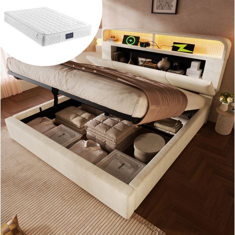 Lit double capitonné 160x200 cm en velours beige avec tête de lit réglable, LED, USB/Type-C, coffre hydraulique et sommier (1/5)