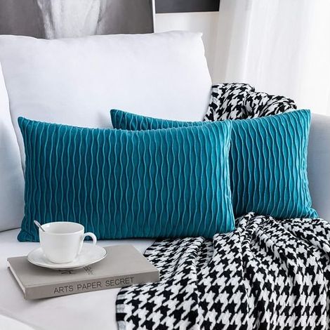 Samtkissenbezug, 2er-Set Dekokissenbezüge, einfarbig gemustert, quadratische Kissenbezüge, moderne Kissenbezüge für Wohnzimmer, Sofa und Schlafzimmer, 30 x 50 cm, Türkis (1/4)