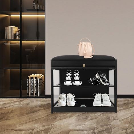 2-Tiers Schuhregal mit Sitzbank 50x44x32cm Schuhschrank Bambus Schuhbank mit Sitzfläche und Tür Eingangsbereich Schuhbank Bodenstehend Schuhaufbewahrungsbank für 6 Paar Schuhe Schwarz (1/5)