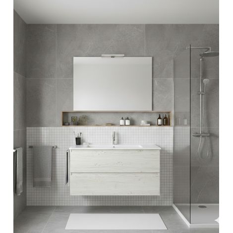 Mobile Bagno LOKI Già Montato 2 cassetti con piedini, lavabo e specchio Bianco nordico 80x40 cm (1/2)