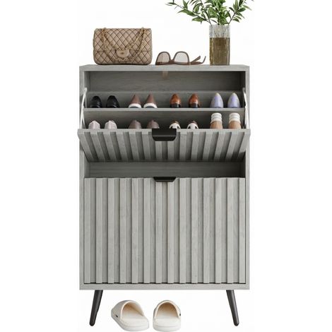 ELVMI Schuhschrank mit 2 Klapptüren und 4 Verstellbaren Ebenen, für Eingangsbereich und Flur, aus MDF und Spanplatte, Grau (1/5)