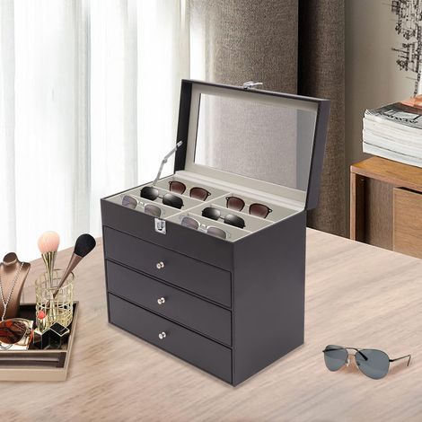Brillenbox 18 Brillen Sonnenbrillen Aufbewahrungsbox aus Carbon Fiber PU, Brillen Schatulle mit Innen Samtstoff, Brillenkasten Brillenkoffer für Sonnenbrille & Uhren Schwarz