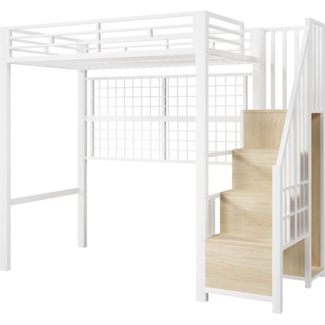 Cama alta 90 x 200 cm de metal blanco con armario, escalera de almacenaje y LED 7 colores (1/5)