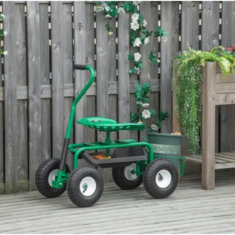 Chariot de jardin siège rotatif 98x45x87 cm en métal vert, rangement, pour extérieur – MEUBLIV (1/5)