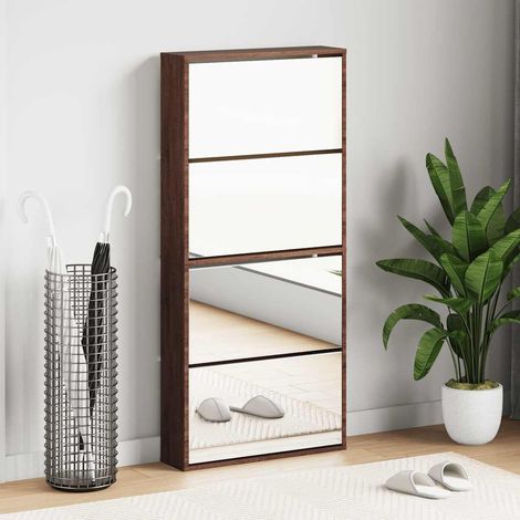 Schuhschrank mit Spiegel 4 Fächer Braun Eiche-Optik 63x17x134cm