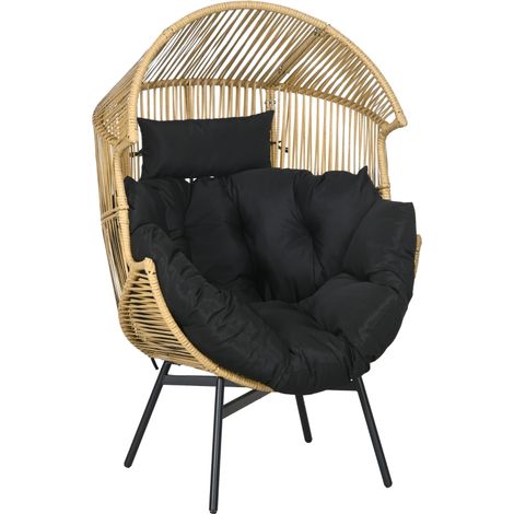 Fauteuil en rotin, fauteuil d'extérieur, fauteuil de jardin, rotin PE, 89 cm x 75 cm x 143 cm, naturel et noir