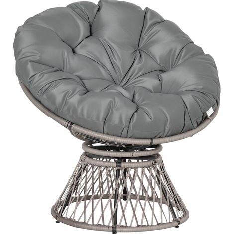 Fauteuil rond papasan pivotant gris Outsunny en résine tressée, grand confort Ø97×86 cm, grand coussin polyester fourni, idéal jardin et terrasse