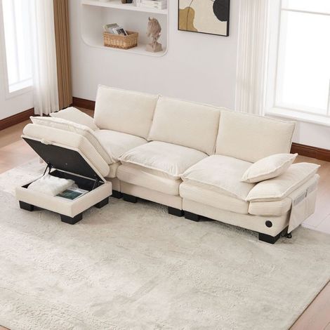 Canapé 3 places - SOGEU - 260x132x84 - Velours côtelé beige - Pouf coffre & port USB - Mousse haute densité (1/5)