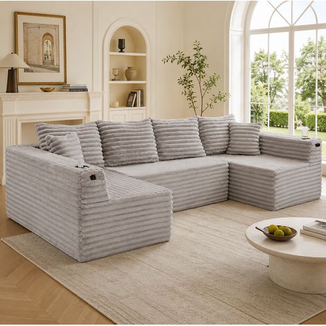Sofá modular U de pana gris claro con portavasos y bolsillos laterales, 4 cojines (1/5)