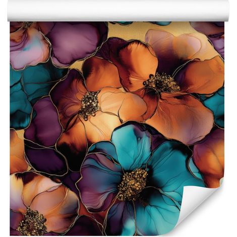 Papier peint encre turquoise et orange pour salon et chambre 50x1000 cm (1/5)