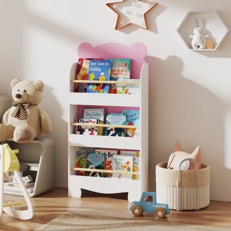 Libreria per Bambini a 3 Ripiani, Scaffale Salvaspazio a Forma di Orsetto con Barriere Frontali, per Cameretta e Salotto, 55x15x110 cm, Rosa (1/5)