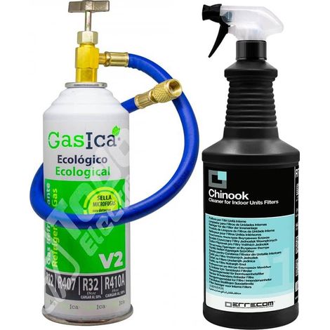 Gas Refrigerante Ecológico Gasica V2 Sustituto R32, R410, R22, R407, R290 más Manguera con Llave y Limpiador Filtros