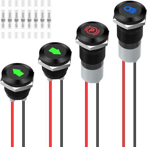 Voyant LED 12 V, petit indicateur de signalisation métallique de 12 mm, étanche, découpe pour panneau de 1/2 pouce, câbles de 30 cm, pour motos, voitures, camions, tracteurs - Lot de 4 (1/5)