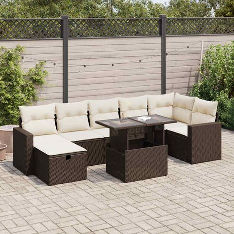 Ensemble de jardin 8 pièces en résine tressée marron avec table, coffre de rangement et coussins crème lavables (1/4)