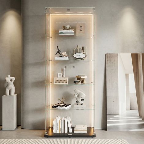 Vitrine verre trempé 5 étages, Armoire vitrée, Vitrine collection, ，2 porte, bande lumineuse LED, verrouillable, étanche à la poussière, Convient pour salon, bibliothèque - Noir