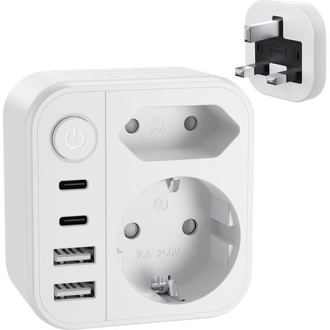 Adaptateur de Voyage Britannique avec Interrupteur 2 USB-C 2 USB (3,4 A) - Prise de Voyage Type G Adaptateur de Prise Britannique vers UE pour Prises Angleterre, Irlande, Dubaï, Maldives, etc. (1/5)