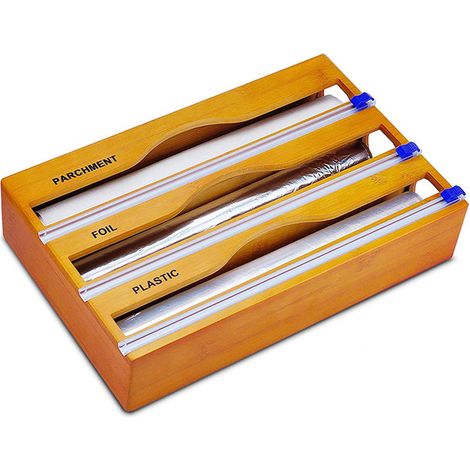 Distributeur de papier aluminium à double compartiment en bambou, type tiroir, coupe-papier aluminium pour la cuisine (1/5)